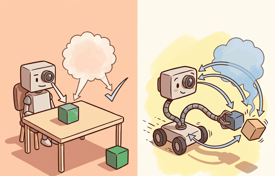 Technical illustration for Section 1.1: Static prediction vs. embodied interaction.