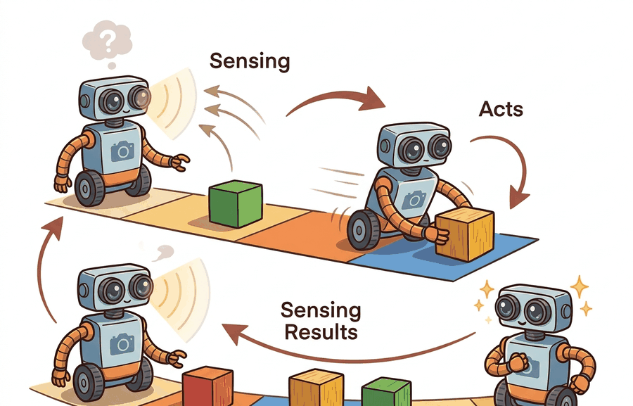 Technical illustration for Section 1.2: Why intelligence needs a world; the perception-action loop.
