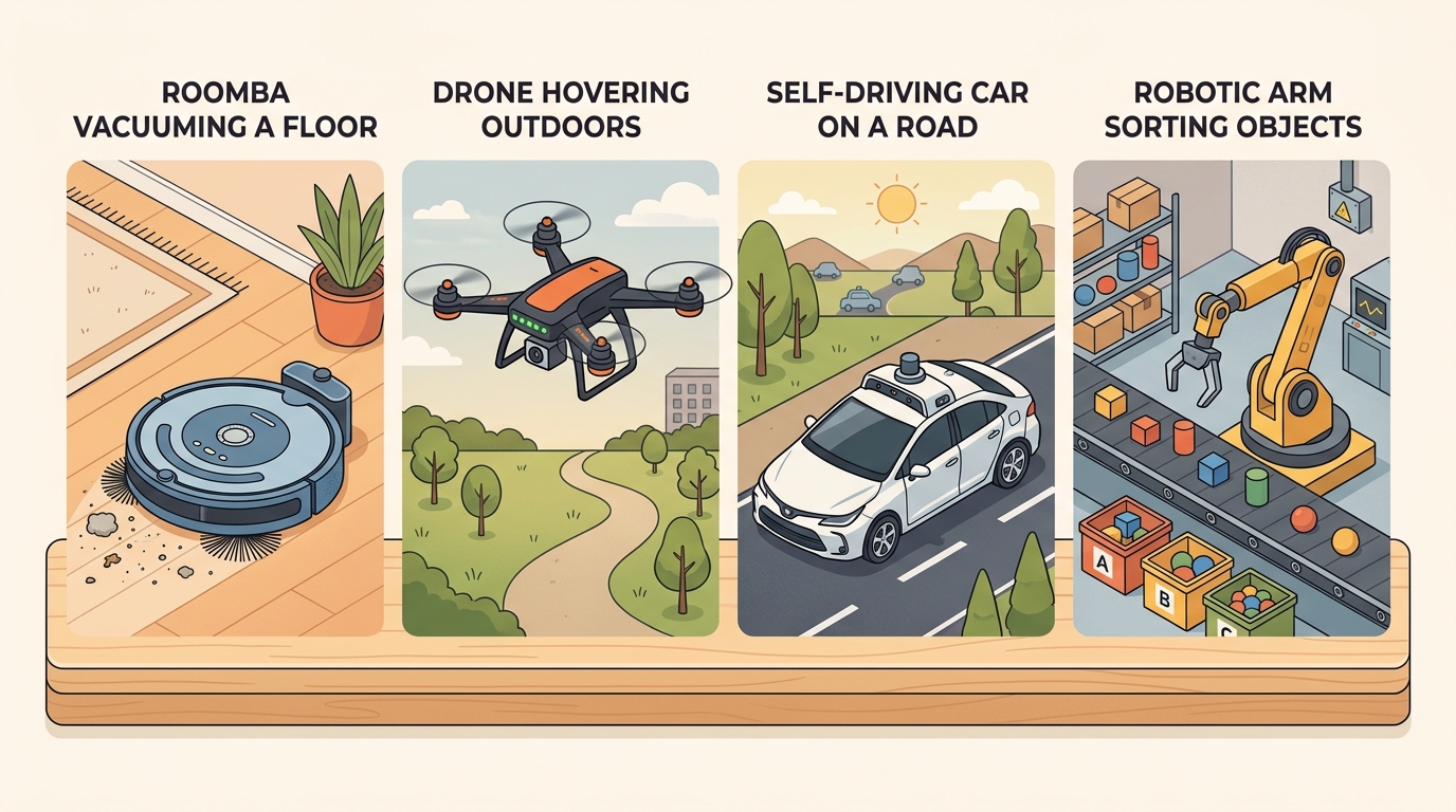 Illustration for Section 1.6: Examples: vacuum, drone, autonomous vehicle, manipulator, humanoid, game agent