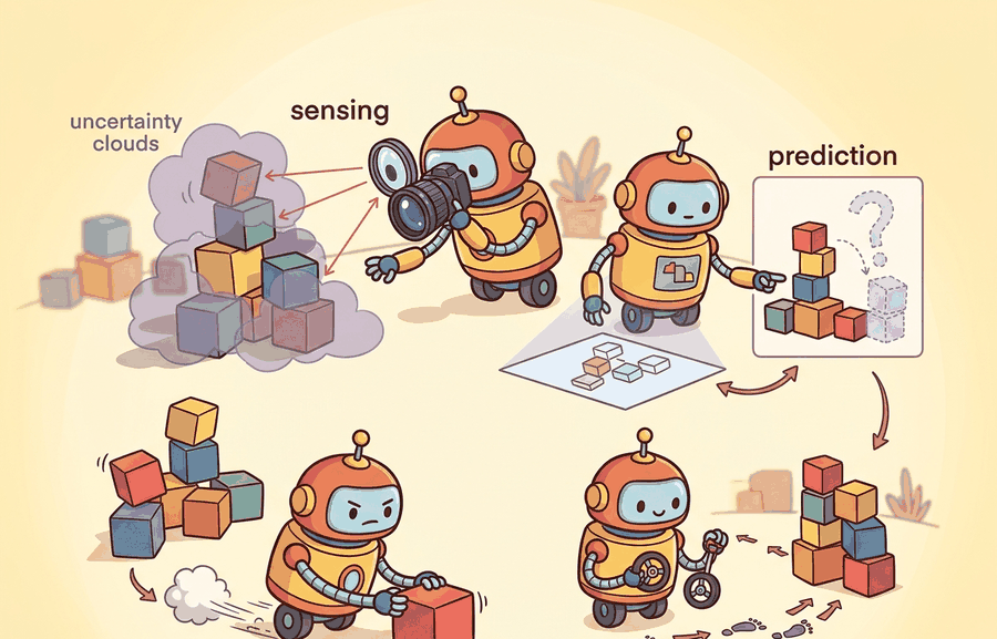 Technical illustration for Section 3.1: The canonical stack: sense, perceive, estimate, predict, plan, control, act.