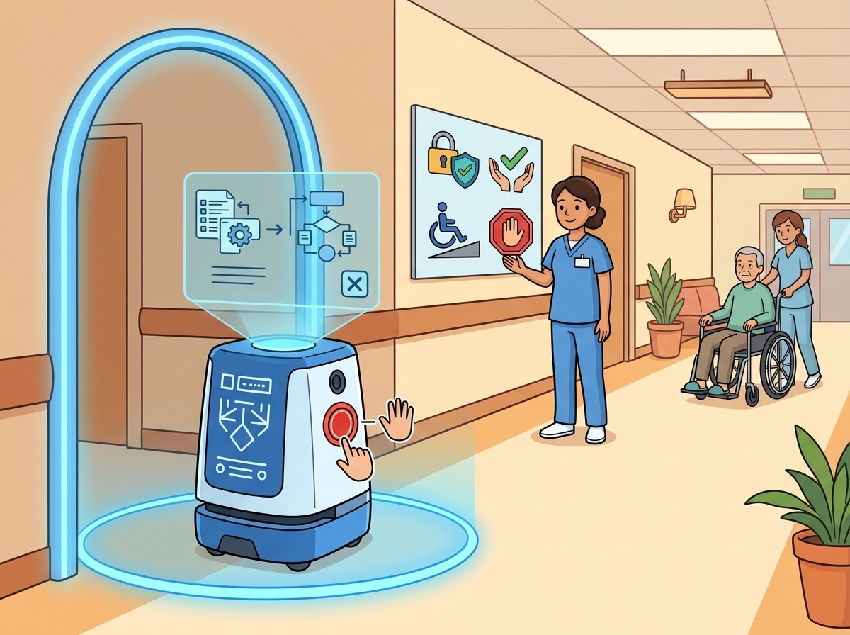 A hospital service robot pauses at an ethical review checkpoint while a nurse, a wheelchair user, and visible privacy, consent, accessibility, and stop controls show how human-robot ethics must be made operational.