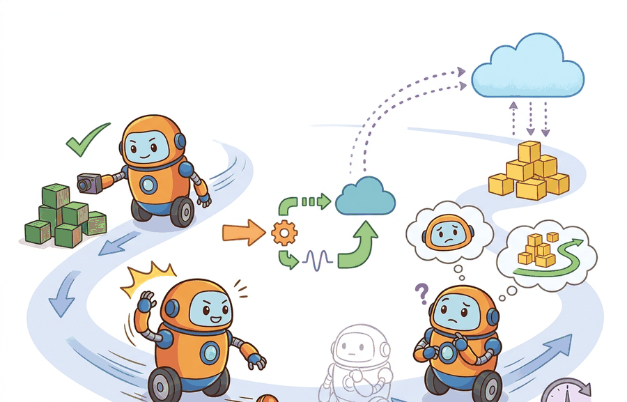 Technical illustration for Section 55.3: Edge vs. cloud-robot computation; asynchronous inference.
