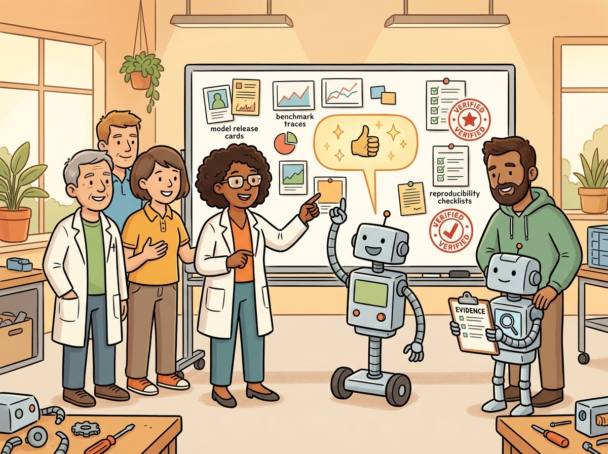 A robotics lab team reviews a frontier watch board full of release cards, benchmark traces, reproducibility checklists, and verification stamps while a robot points to an evidence clipboard.