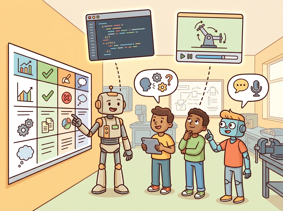 An instructor robot and students review a large course rubric with evidence, implementation, failure analysis, reflection, simulator replay, and oral-check cues in a robotics classroom.