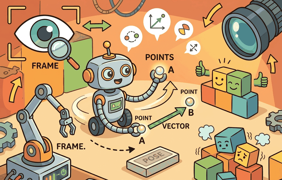 Technical illustration for Section 4.2: Points, vectors, poses, frames.