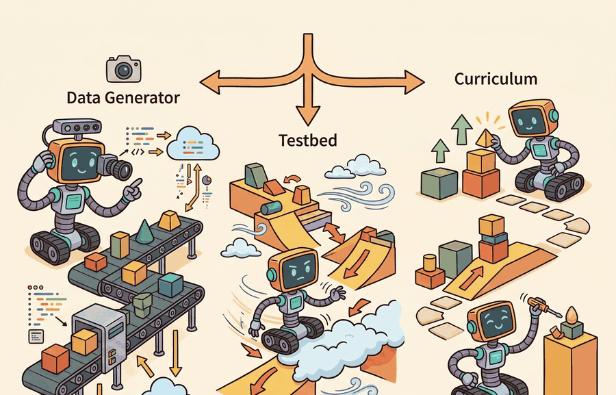 Technical illustration for Section 9.2: Simulation as data generator, testbed, and curriculum.