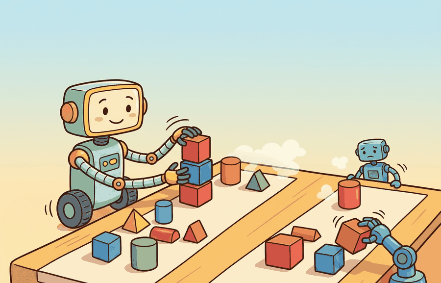 Cartoon benchmark auditor comparing robot evaluation rows with a magnifying glass, while mismatched seeds and splits are set aside from the trusted result table.