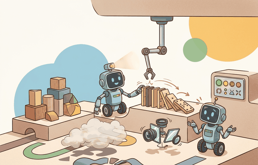 Cartoon manipulation benchmark table where a robot separates familiar training objects from held-out test objects before comparing policy scores.
