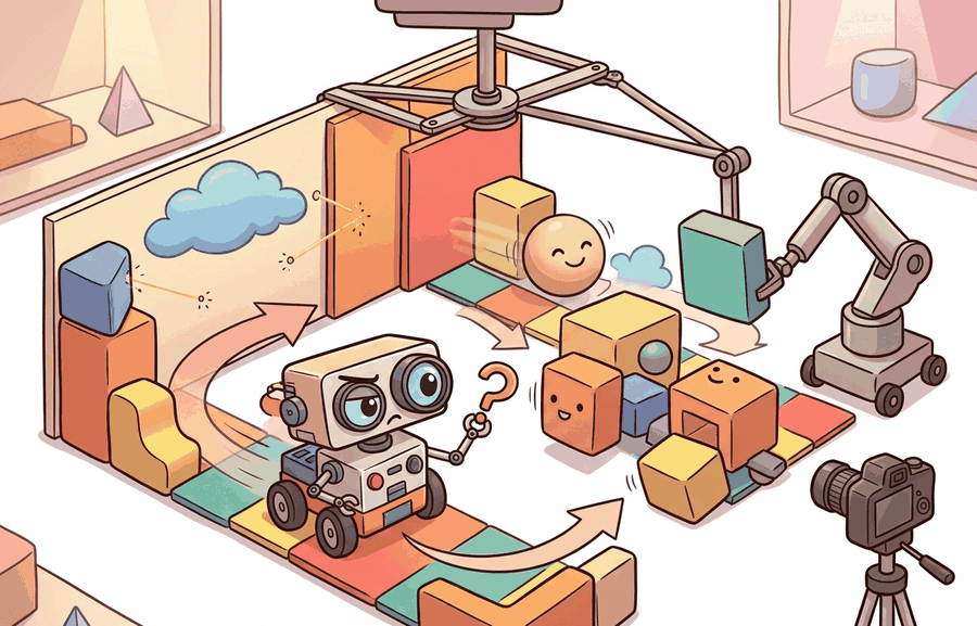 Cartoon navigation robot choosing between a short unsafe route through people and a longer safe route through an unseen generated home.