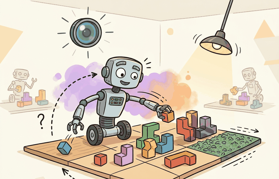 Technical illustration for Section 13.2: Visual, physics, sensor, and task randomization.