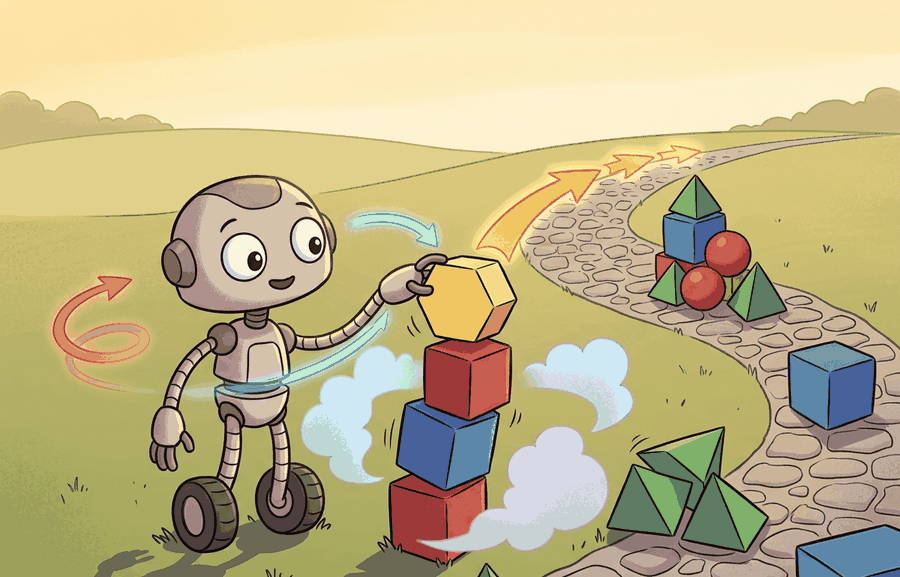 Technical illustration linking sampled robot actions, delayed returns, and likelihood-ratio credit assignment in REINFORCE.