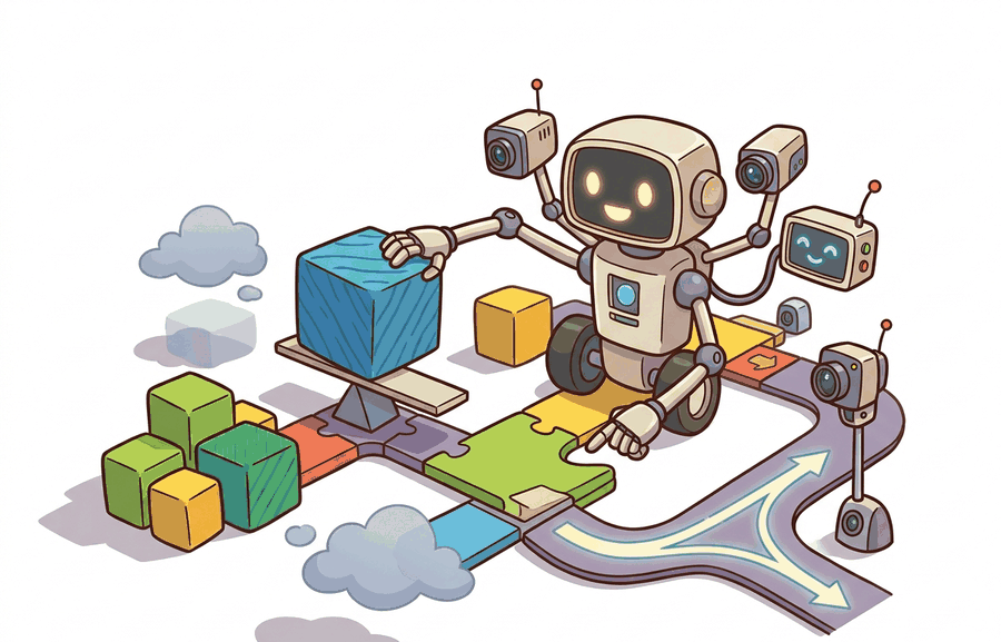 Technical illustration showing an actor choosing robot actions while a critic estimates whether outcomes beat expectation.