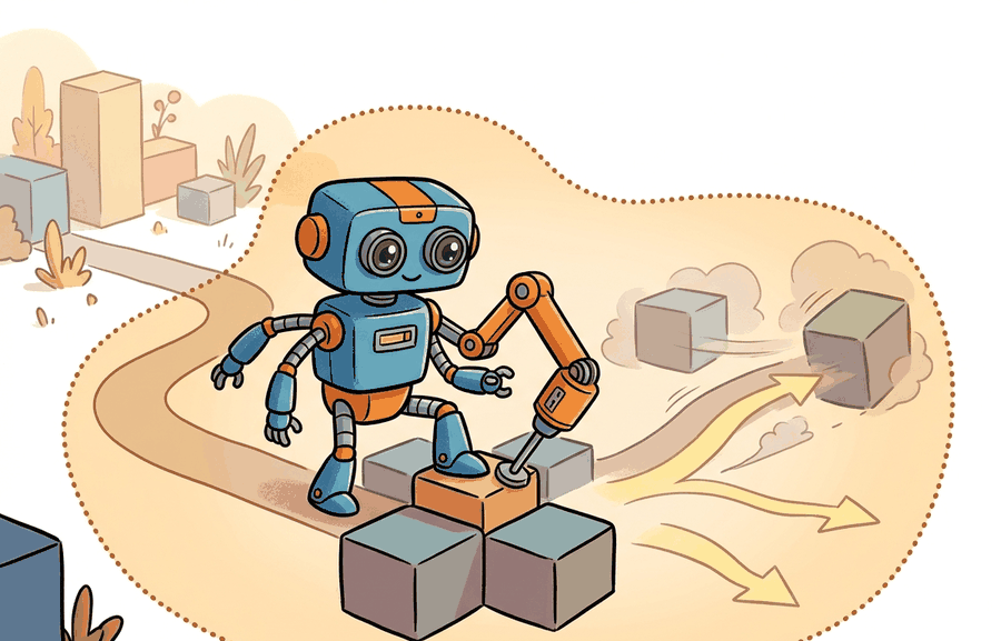 Technical illustration showing a robot policy update kept inside a safe trust region around previous behavior.