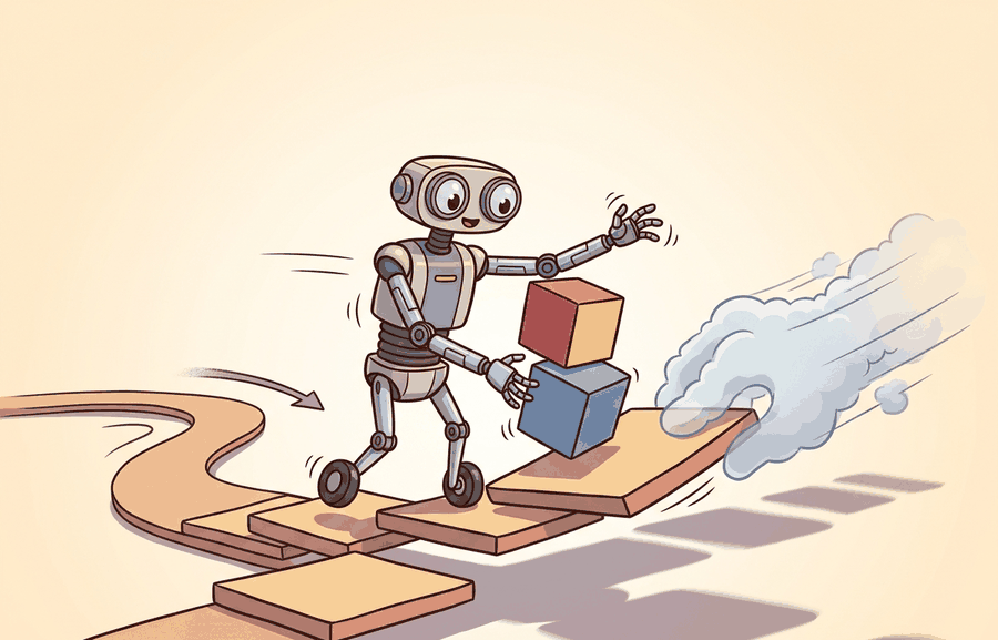 Technical illustration showing PPO rollout records, frozen log probabilities, minibatch updates, and robot diagnostics connected in one loop.