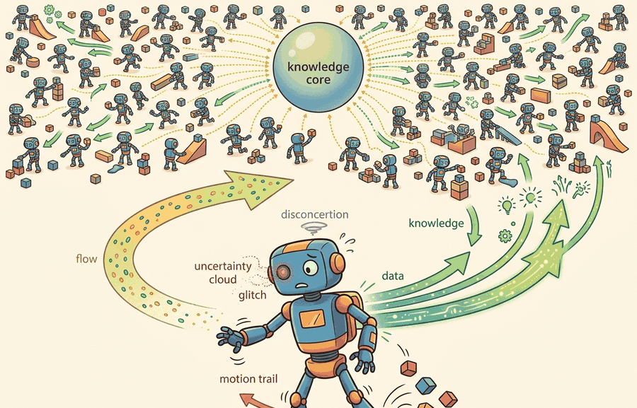 Technical illustration with many small robot learners practicing the same locomotion task in parallel lanes while one evaluator watches a separate test lane, illustrating rollout scale and evaluation separation.
