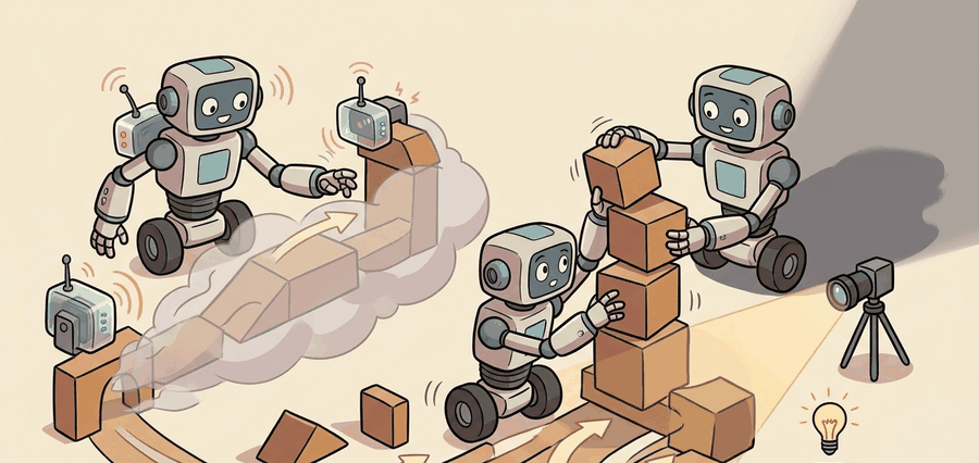 Technical illustration with one Isaac Lab robot task feeding three labeled training desks for SKRL, rl_games, and RSL-RL, illustrating wrappers that convert the same environment into runner-specific interfaces.