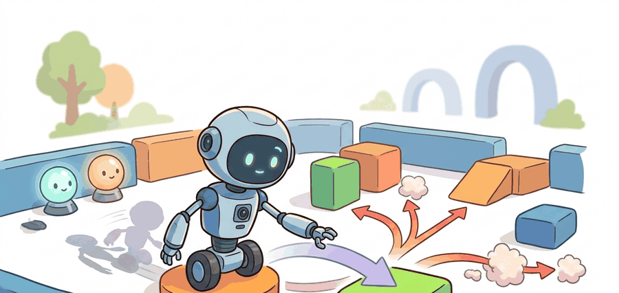 Technical illustration for Section 19.3, showing a robot choosing between informative actions while a safety boundary, recovery path, and intervention monitor remain visible.