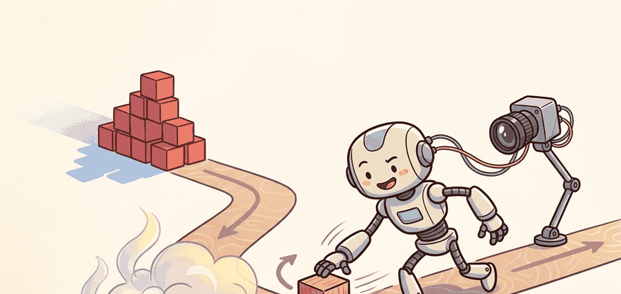 Technical illustration showing a simulated robot plan meeting a physical robot run, with sensor noise, contact slip, and delayed actuation making the same action behave differently.