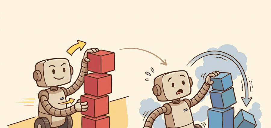 Technical illustration showing robot skills crossing from simulation to hardware while fragile details such as friction, lighting, latency, and success thresholds are inspected at a checkpoint.