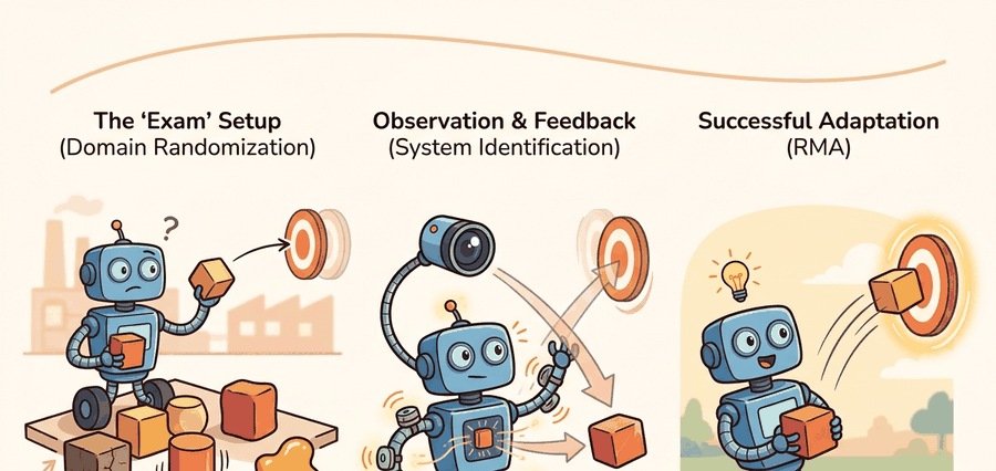 Technical illustration showing a robot policy trained across many simulated dynamics, then narrowed by system identification and adjusted online by an adaptation module.