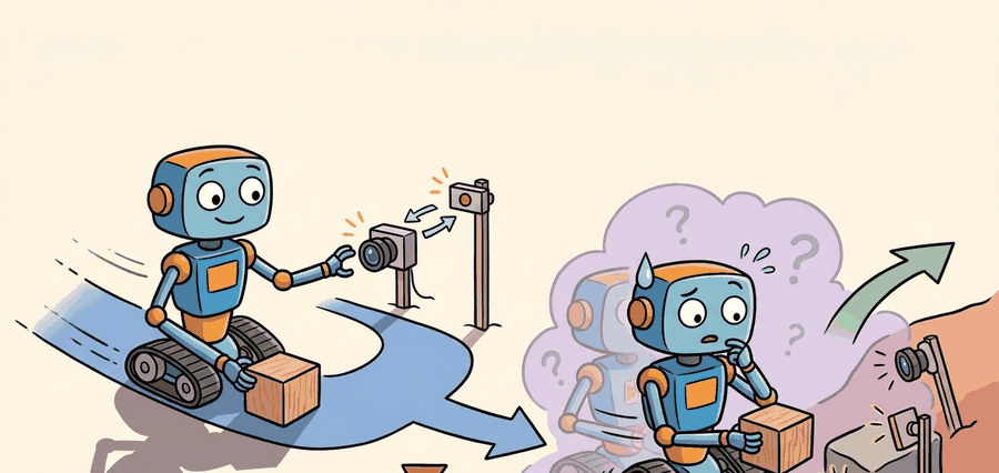 Technical illustration showing simulated and real robot rollouts entering the same evaluation table, with success, safety, intervention, and failure-label columns checked together.