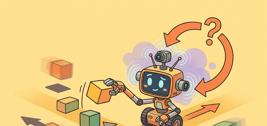 Warm educational cartoon scene connecting why data is the bottleneck to robot demonstrations, operator decisions, recorded trajectories, and later policy evaluation.