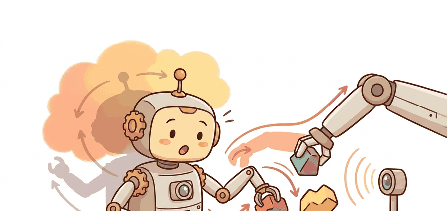 Warm educational cartoon scene connecting leader-follower teleoperation to robot demonstrations, operator decisions, recorded trajectories, and later policy evaluation.