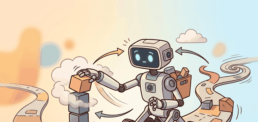 Warm educational cartoon scene connecting UMI handheld collection to robot demonstrations, operator decisions, recorded trajectories, and later policy evaluation.