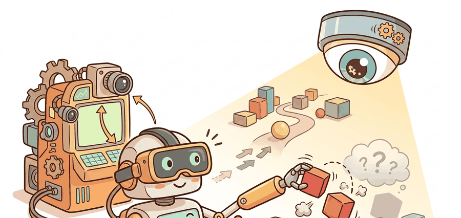 Warm educational cartoon scene connecting immersive VR teleoperation to robot demonstrations, operator decisions, recorded trajectories, and later policy evaluation.