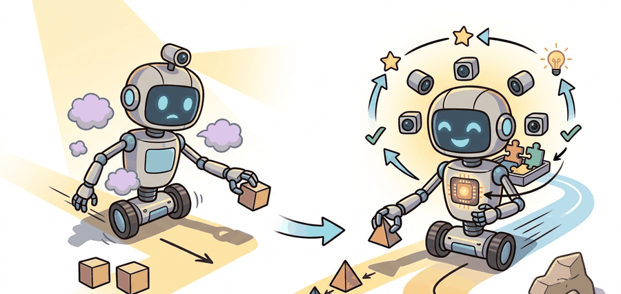 Warm educational cartoon scene connecting data quality and labeling to robot demonstrations, operator decisions, recorded trajectories, and later policy evaluation.