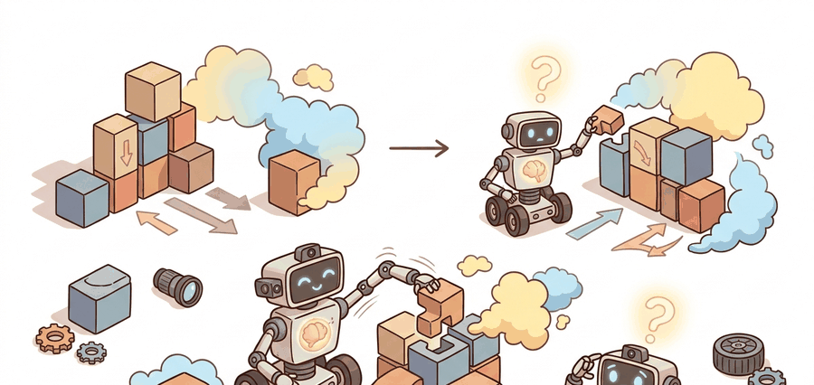 Warm educational cartoon scene connecting major robot datasets to robot demonstrations, operator decisions, recorded trajectories, and later policy evaluation.