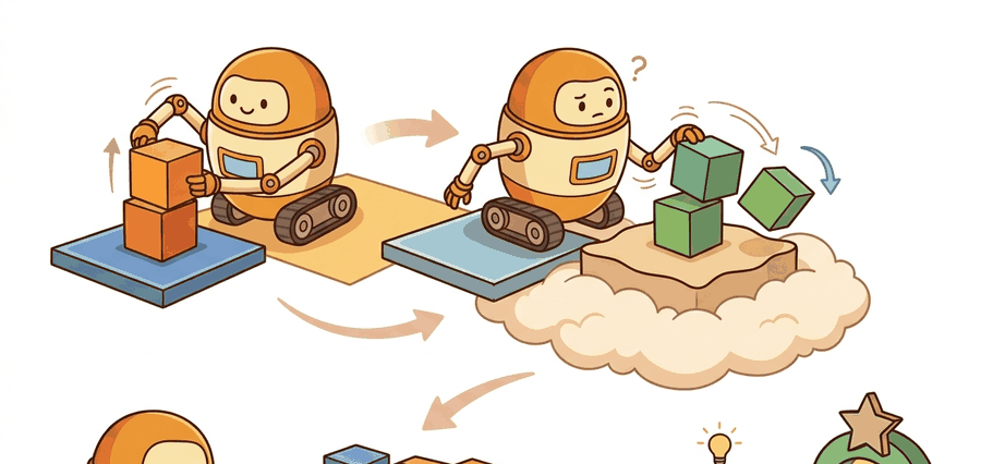 Warm educational cartoon scene connecting dataset structure and metadata to robot demonstrations, operator decisions, recorded trajectories, and later policy evaluation.