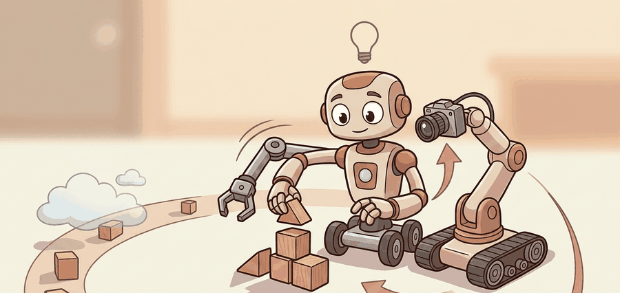 Warm educational cartoon scene connecting cross-embodiment pooling to robot demonstrations, operator decisions, recorded trajectories, and later policy evaluation.