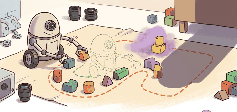 Warm educational cartoon scene connecting robot data scaling laws to robot demonstrations, operator decisions, recorded trajectories, and later policy evaluation.
