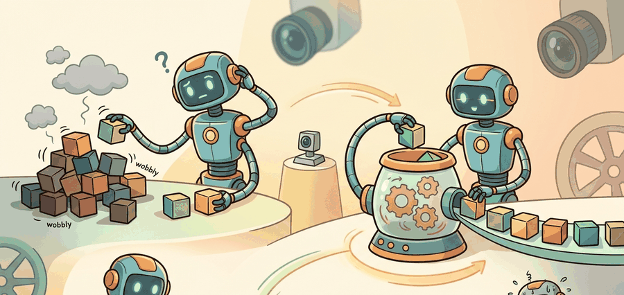 Warm educational cartoon scene connecting curating and mixing robot data to robot demonstrations, operator decisions, recorded trajectories, and later policy evaluation.