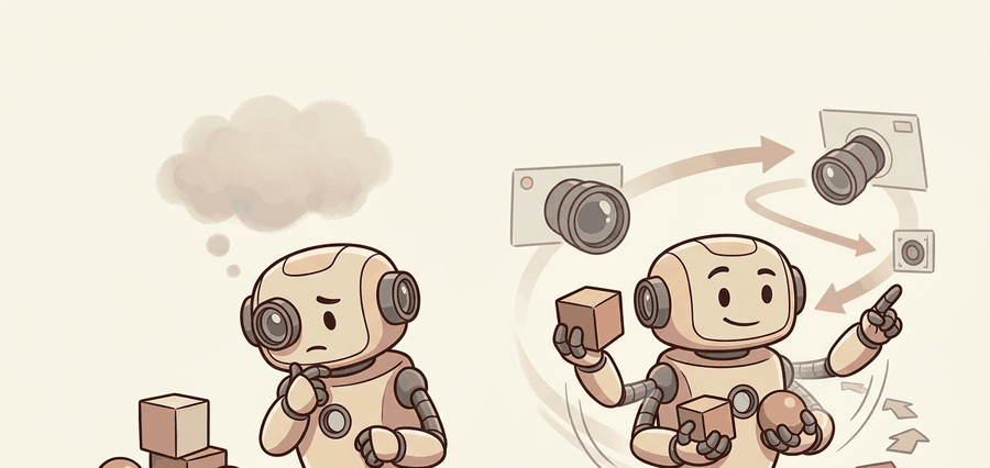 Scene shows a robot comparing an image label with a reachable action boundary, emphasizing that visual recognition must change a safe robot command.
