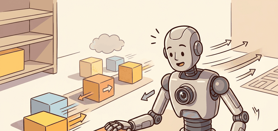 Scene shows image motion arrows splitting into camera motion and object motion before a robot slows down near a moving obstacle.