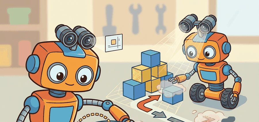 Scene shows a robot comparing a flat camera view with a spatial map of reachable surfaces, free space, and hidden obstacles.