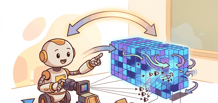 Scene shows camera rays sampling a continuous neural field while a robot keeps a separate conservative geometry layer for motion.