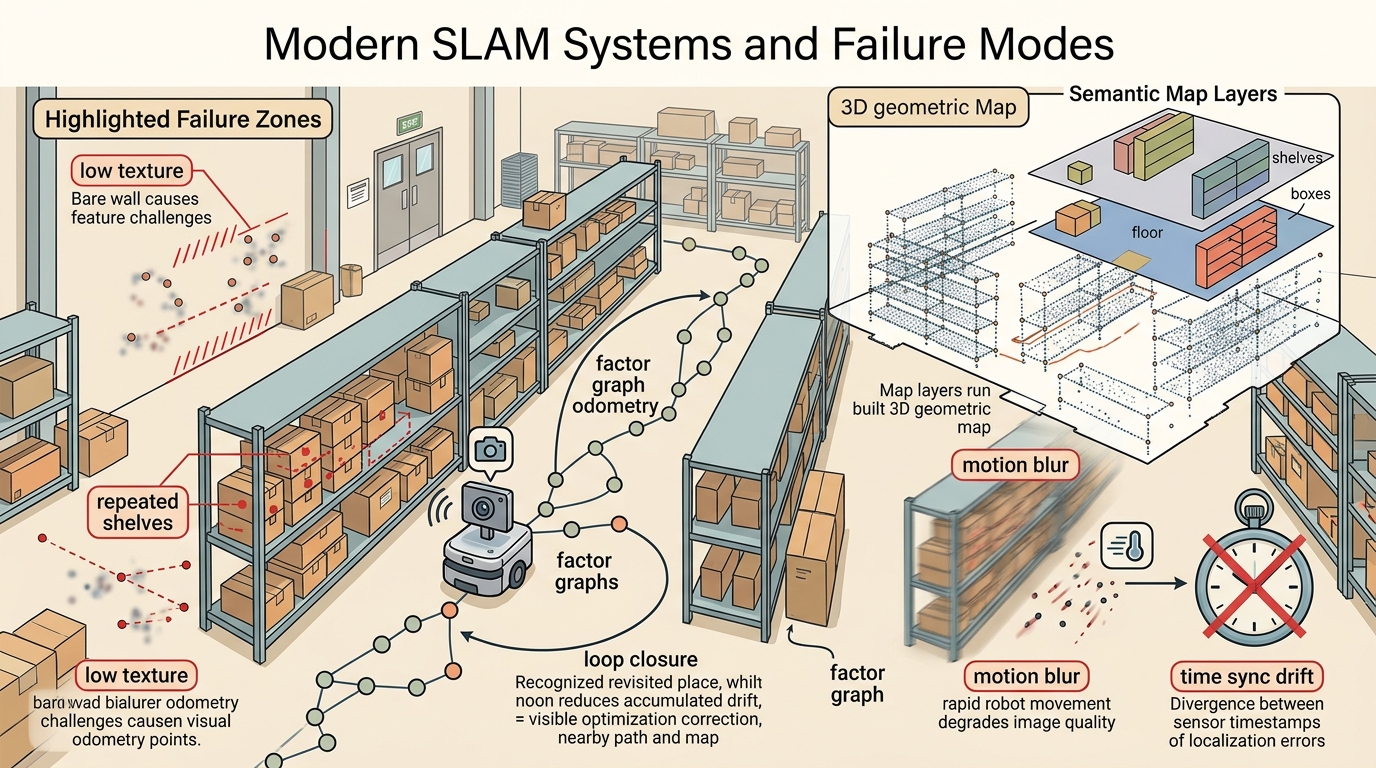 Educational illustration for Section 29.8, showing modern slam systems and failure modes as a robot reasoning problem that connects measurements, state estimates, decisions, and replayable evidence.