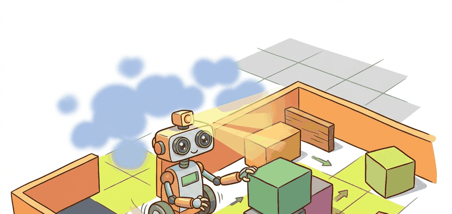 Educational illustration for Section 29.4, showing mapping and occupancy grids as a robot reasoning problem that connects measurements, state estimates, decisions, and replayable evidence.