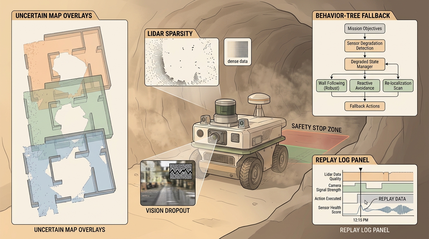 Educational illustration for Section 30.7, showing field navigation under degraded sensing as a robot reasoning problem that connects measurements, state estimates, decisions, and replayable evidence.