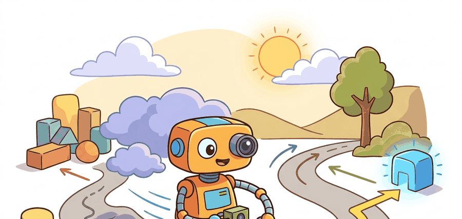 Educational illustration for Section 30.5, showing learned navigation policies as a robot reasoning problem that connects measurements, state estimates, decisions, and replayable evidence.