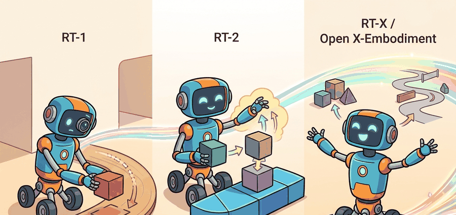 Technical illustration for Section 34.2: The lineage: RT-1, RT-2, RT-X / Open X-Embodiment.