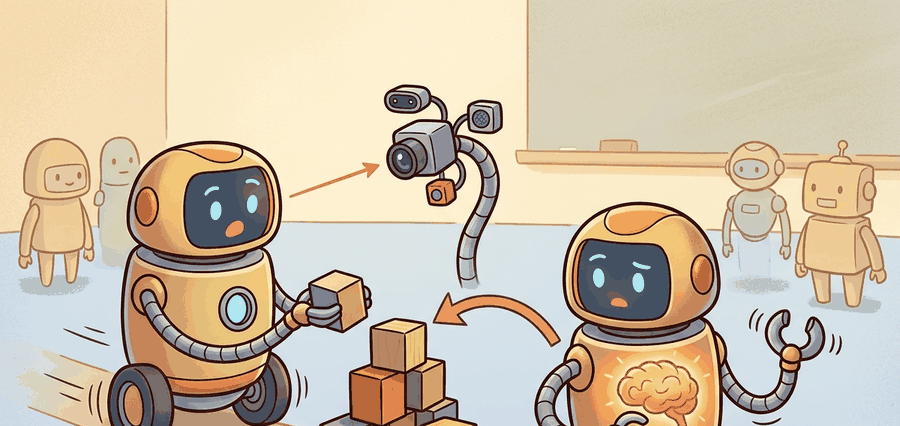 A warehouse robot approaching a blind corner while translucent predicted paths show one safe brake plan and one collision path, illustrating why embodied agents need short-horizon prediction.