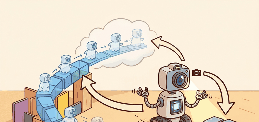 Technical illustration for Section 38.2: Autoencoders and recurrent state-space models (RSSM), showing an embodied agent predicting futures, testing actions, and revising behavior from feedback.
