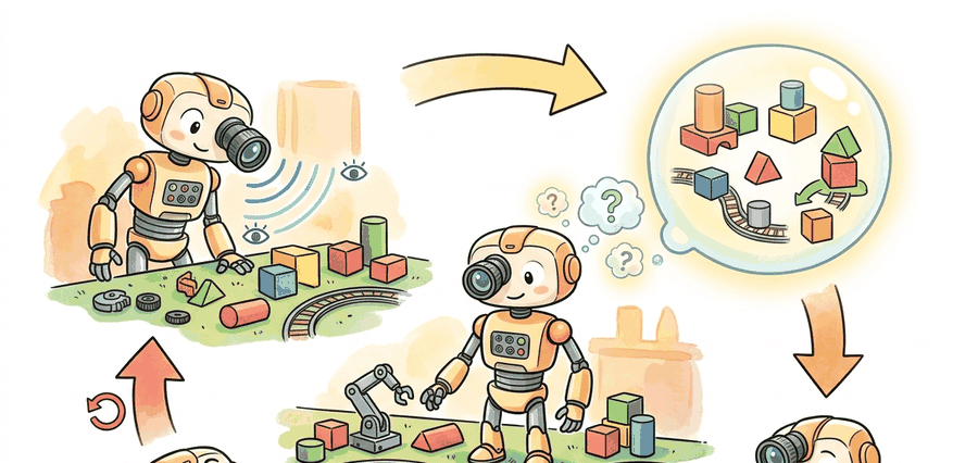 Technical illustration for Section 39.1: Generative models as learned simulators, showing an embodied agent predicting futures, testing actions, and revising behavior from feedback.