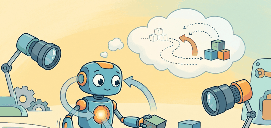 Technical illustration for Section 39.2: Genie 1-3: interactive, playable world models, showing an embodied agent predicting futures, testing actions, and revising behavior from feedback.