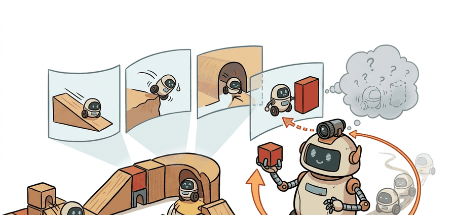 Technical illustration for Section 39.3: Video generation as world simulation: Sora and successors, showing an embodied agent predicting futures, testing actions, and revising behavior from feedback.