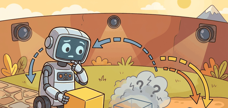 A robot imagines several latent future paths toward an image goal while colored action arrows bend those futures toward a grasp target.